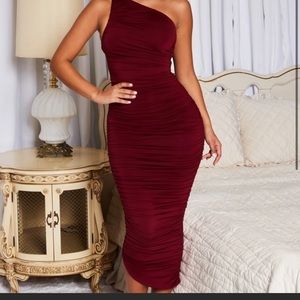 Oh Polly Dark Red Dress. ruched fabric midi length
